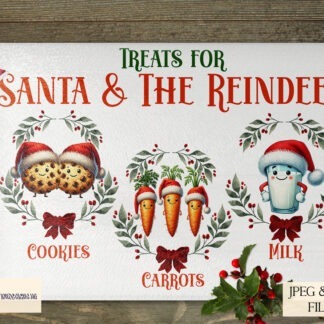 Treats for Santa and His Reindeer Designs Set featuring 2 A4 designs for chopping boards and sublimation mats. Ideal for festive Christmas Eve treats for Santa and his reindeer.