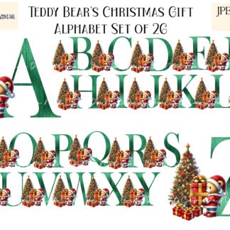 Teddy Bears Christmas Gift Alphabet Set – Green Edition, featuring 26 letters from A-Z with teddy bears carrying Christmas gifts. Ideal for sublimation and personalized holiday decorations.