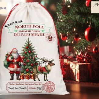 Red and Green Christmas Santa Sack Designs Set featuring 14 unique designs for personalised Santa sacks, including reindeer, elves, and unicorns.