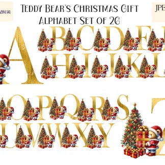 Teddy Bears Christmas Gift Alphabet Set – Gold Edition, featuring 26 letters from A-Z with teddy bears carrying Christmas gifts. Ideal for sublimation and personalized holiday decorations.