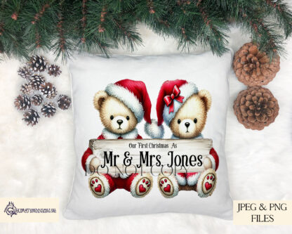 Christmas Teddy Bear Couples Design Set featuring 6 festive couples holding customisable signs. Ideal for holiday décor, personalised baubles, and festive gifts.