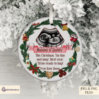 Christmas Baby Scan Image Design Set featuring festive wreaths in four colours with space for a baby scan image, ideal for personalised baubles and baby-themed Christmas décor.