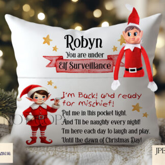 Elf Arrival Pocket Pillow Design Set featuring festive elf characters with customisable "Elf Surveillance" and a playful poem. Ideal for personalised Christmas pillows.