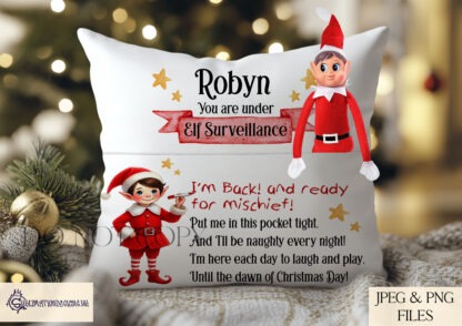 Elf Arrival Pocket Pillow Design Set featuring festive elf characters with customisable "Elf Surveillance" and a playful poem. Ideal for personalised Christmas pillows.