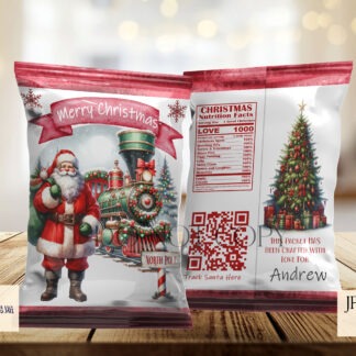 Santa Express Train Crisp Packet Design Set featuring 5 festive designs with Santa and his train at the North Pole Station, ideal for customisable treat packets.