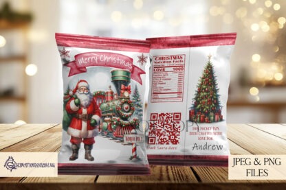 Santa Express Train Crisp Packet Design Set featuring 5 festive designs with Santa and his train at the North Pole Station, ideal for customisable treat packets.