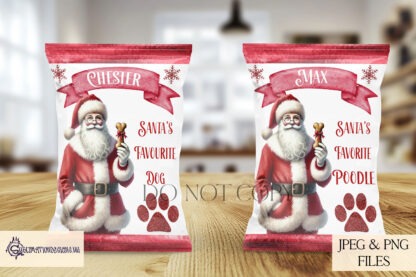 Christmas Dog Treat Packet Design Set featuring 6 red-themed designs with Santa holding a treat, ideal for customisable dog gift packets.