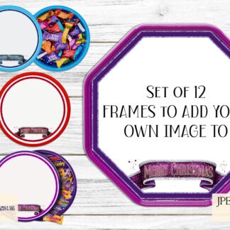 Create Your Own Tub Topper Frames Design Set featuring 12 frames designed for Quality Street, Heroes, Celebrations, and Roses tubs. Includes 22 bonus background files. Ideal for sublimation and personalised gifts.