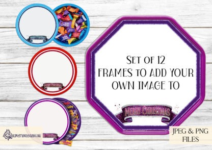 Create Your Own Tub Topper Frames Design Set featuring 12 frames designed for Quality Street, Heroes, Celebrations, and Roses tubs. Includes 22 bonus background files. Ideal for sublimation and personalised gifts.