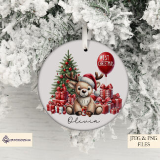 Baby Reindeer 1st Christmas Design Set featuring a plush reindeer teddy with festive gifts and a Christmas tree. Perfect for sublimation on baby apparel and nursery décor.