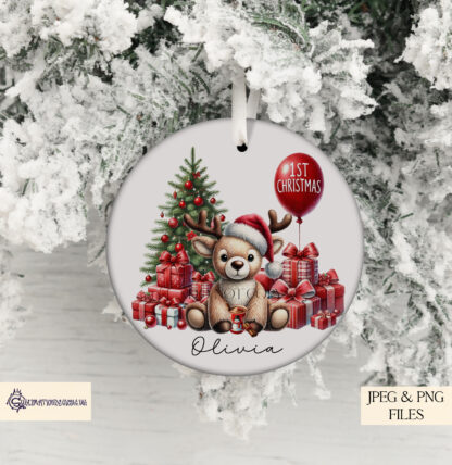 Baby Reindeer 1st Christmas Design Set featuring a plush reindeer teddy with festive gifts and a Christmas tree. Perfect for sublimation on baby apparel and nursery décor.