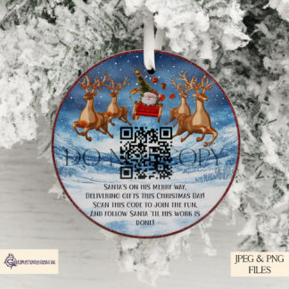 Santa Tracker Bauble Design featuring a QR code linking to the NORAD Santa Tracker. Includes both borderless and coloured border options. Ideal for sublimation on Christmas baubles.