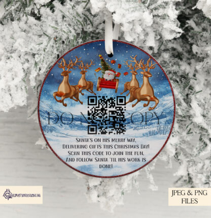 Santa Tracker Bauble Design featuring a QR code linking to the NORAD Santa Tracker. Includes both borderless and coloured border options. Ideal for sublimation on Christmas baubles.