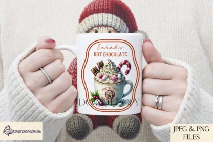 North Pole Hot Chocolate Station Santa Approved Designs Set featuring 13 festive designs for labels, mugs, and chopping boards. Ideal for creating a cosy holiday experience.