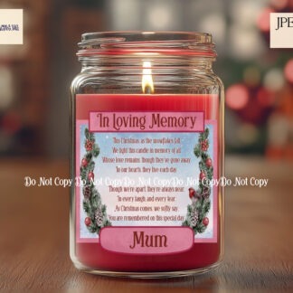 Christmas Memorial Candle Label Set featuring 6 colourful designs with an exclusive poem, perfect for glass jar candles. Ideal for remembrance gifts during the holiday season.