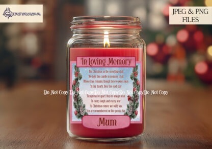 Christmas Memorial Candle Label Set featuring 6 colourful designs with an exclusive poem, perfect for glass jar candles. Ideal for remembrance gifts during the holiday season.