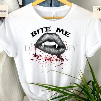 Bite Me Vampire Lip Sublimation Designs Set featuring 7 glitzy vampire lip designs with fangs and dripping blood. Ideal for gothic-themed T-shirts, mugs, and Halloween décor.