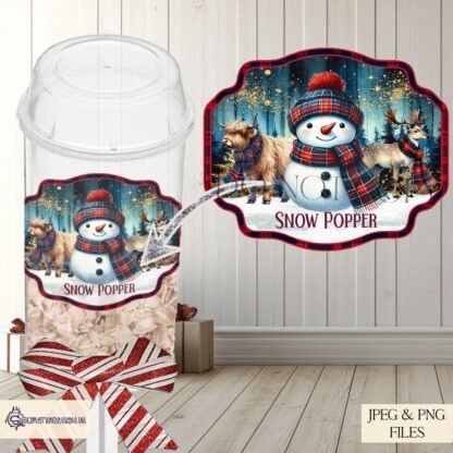 Tartan Themed Christmas Popper Label Designs Set featuring 6 festive designs for reindeer food and snow poppers. Includes glitter and standard tartan designs. Ideal for sublimation on holiday treats.