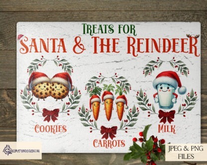 Treats for Santa and His Reindeer Designs Set featuring 2 A4 designs for chopping boards and sublimation mats. Ideal for festive Christmas Eve treats for Santa and his reindeer.