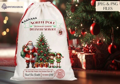 Red and Green Christmas Santa Sack Designs Set featuring 14 unique designs for personalised Santa sacks, including reindeer, elves, and unicorns.