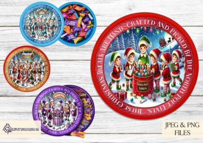 North Pole Elves Tub Topper Designs Set featuring 8 festive designs in 4 colours, perfect for Christmas sweet tubs like Celebrations, Heroes, Roses, and Swizzles.