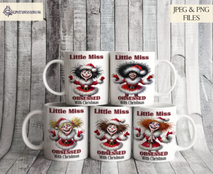 Ladies Obsessed with Christmas Design Set featuring 5 festive characters in holiday outfits with matching wording. Ideal for sublimation on holiday gifts and décor.