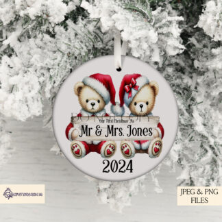 Christmas Teddy Bear Couples Design Set featuring 6 festive couples holding customisable signs. Ideal for holiday décor, personalised baubles, and festive gifts.