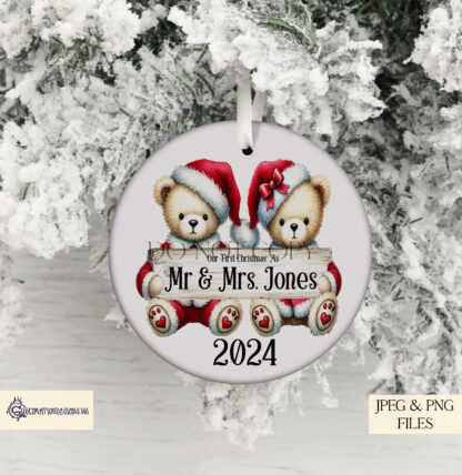 Christmas Teddy Bear Couples Design Set featuring 6 festive couples holding customisable signs. Ideal for holiday décor, personalised baubles, and festive gifts.