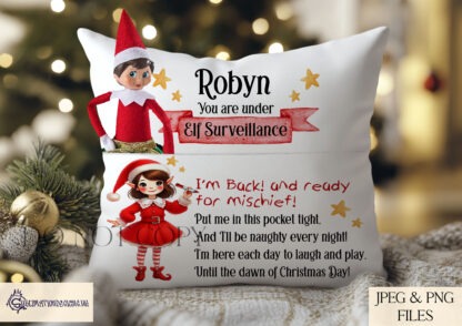 Elf Arrival Pocket Pillow Design Set featuring festive elf characters with customisable "Elf Surveillance" and a playful poem. Ideal for personalised Christmas pillows.