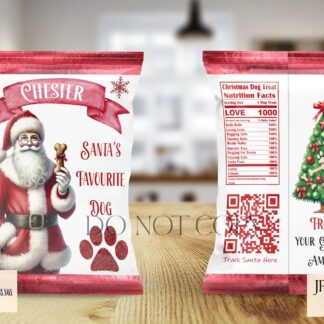 Christmas Dog Treat Packet Design Set featuring 6 red-themed designs with Santa holding a treat, ideal for customisable dog gift packets.