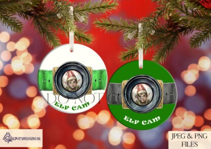 Elf Cam Christmas Bauble Design Set featuring 3 fun designs with a watercolour lens and a cheeky elf peeking through. Ideal for sublimation on Christmas baubles and circular gift items.