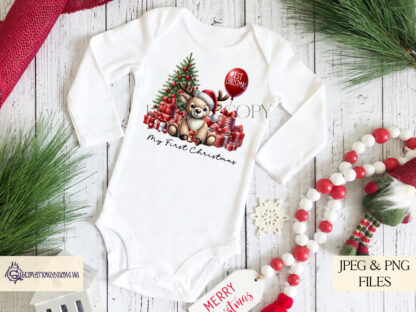 Baby Reindeer 1st Christmas Design Set featuring a plush reindeer teddy with festive gifts and a Christmas tree. Perfect for sublimation on baby apparel and nursery décor.