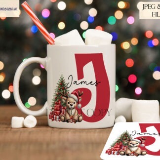 Festive Plush Toy Reindeer Alphabet Set featuring 26 letters from A-Z, with a plush reindeer holding hot chocolate next to a Christmas tree. Ideal for sublimation and personalised holiday gifts.