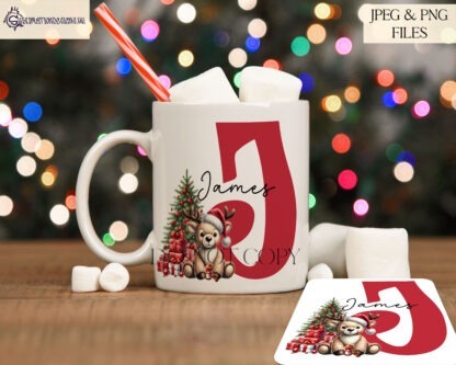 Festive Plush Toy Reindeer Alphabet Set featuring 26 letters from A-Z, with a plush reindeer holding hot chocolate next to a Christmas tree. Ideal for sublimation and personalised holiday gifts.