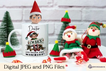 Naughty Christmas Elves I'm Back Design Set featuring 6 exclusive designs with mischievous elves and wording options like "I'm Back" and "I'm ready for mischief." Ideal for sublimation and festive postcard designs.