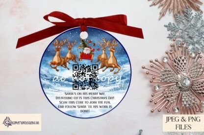 Santa Tracker Bauble Design featuring a QR code linking to the NORAD Santa Tracker. Includes both borderless and coloured border options. Ideal for sublimation on Christmas baubles.