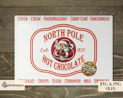 North Pole Hot Chocolate Station Santa Approved Designs Set featuring 13 festive designs for labels, mugs, and chopping boards. Ideal for creating a cosy holiday experience.