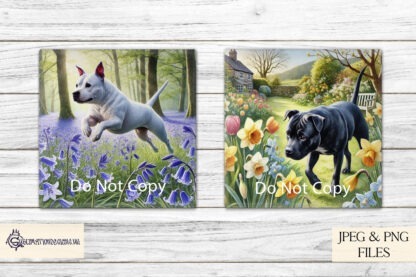 12 Months of Staffordshire Bull Terriers Design Set featuring 12 seasonal Staffordshire Bull Terrier images, perfect for calendars, coasters, and gifts.