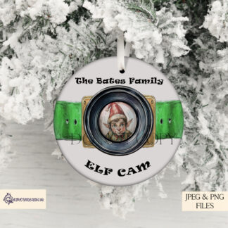 Elf Cam Christmas Bauble Design Set featuring 3 fun designs with a watercolour lens and a cheeky elf peeking through. Ideal for sublimation on Christmas baubles and circular gift items.