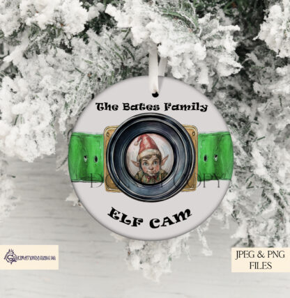 Elf Cam Christmas Bauble Design Set featuring 3 fun designs with a watercolour lens and a cheeky elf peeking through. Ideal for sublimation on Christmas baubles and circular gift items.