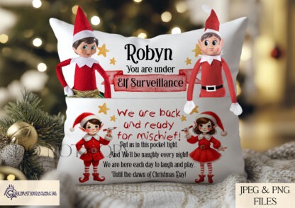 Elf Arrival Pocket Pillow Design Set featuring festive elf characters with customisable "Elf Surveillance" and a playful poem. Ideal for personalised Christmas pillows.