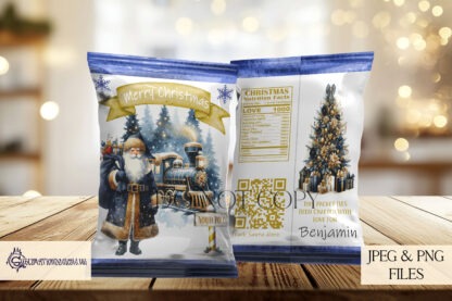 Santa Express Train Crisp Packet Design Set featuring 5 festive designs with Santa and his train at the North Pole Station, ideal for customisable treat packets.