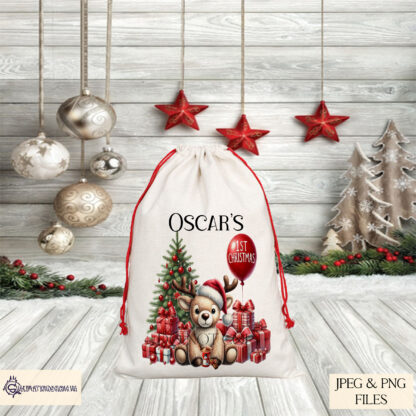 Baby Reindeer 1st Christmas Design Set featuring a plush reindeer teddy with festive gifts and a Christmas tree. Perfect for sublimation on baby apparel and nursery décor.