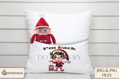 Naughty Christmas Elves I'm Back Design Set featuring 6 exclusive designs with mischievous elves and wording options like "I'm Back" and "I'm ready for mischief." Ideal for sublimation and festive postcard designs.