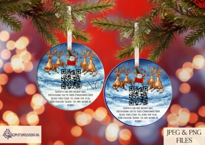 Santa Tracker Bauble Design featuring a QR code linking to the NORAD Santa Tracker. Includes both borderless and coloured border options. Ideal for sublimation on Christmas baubles.