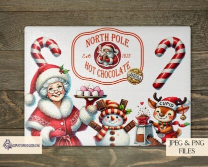 North Pole Hot Chocolate Station Santa Approved Designs Set featuring 13 festive designs for labels, mugs, and chopping boards. Ideal for creating a cosy holiday experience.