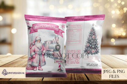 Santa Express Train Crisp Packet Design Set featuring 5 festive designs with Santa and his train at the North Pole Station, ideal for customisable treat packets.