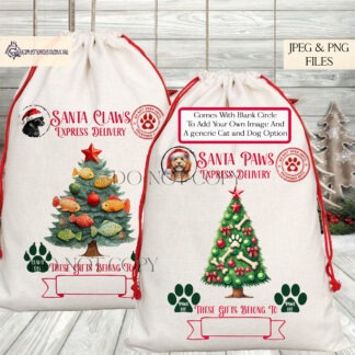 Cat and Dog Santa Sack Design Set featuring Santa Paws and Santa Claws designs, ideal for personalising pet gift sacks for Christmas.