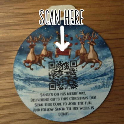 Santa Tracker Bauble Design featuring a QR code linking to the NORAD Santa Tracker. Includes both borderless and coloured border options. Ideal for sublimation on Christmas baubles.