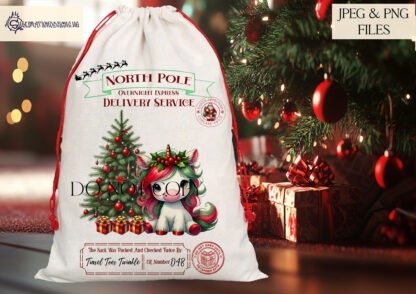 Red and Green Christmas Santa Sack Designs Set featuring 14 unique designs for personalised Santa sacks, including reindeer, elves, and unicorns.